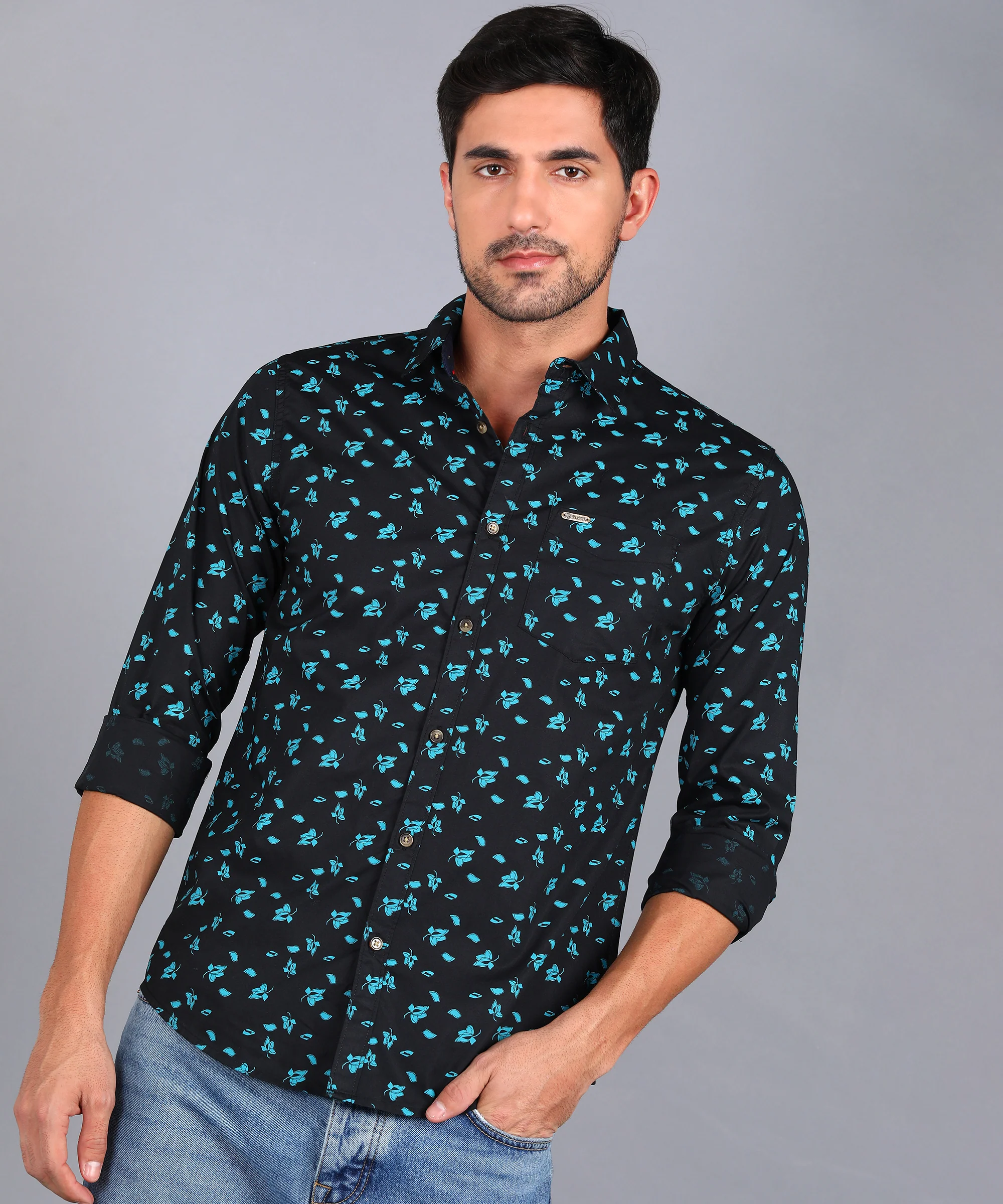 Men's Navy Cotton Full Sleeve Slim Fit Casual Printed Shirt - Image 2