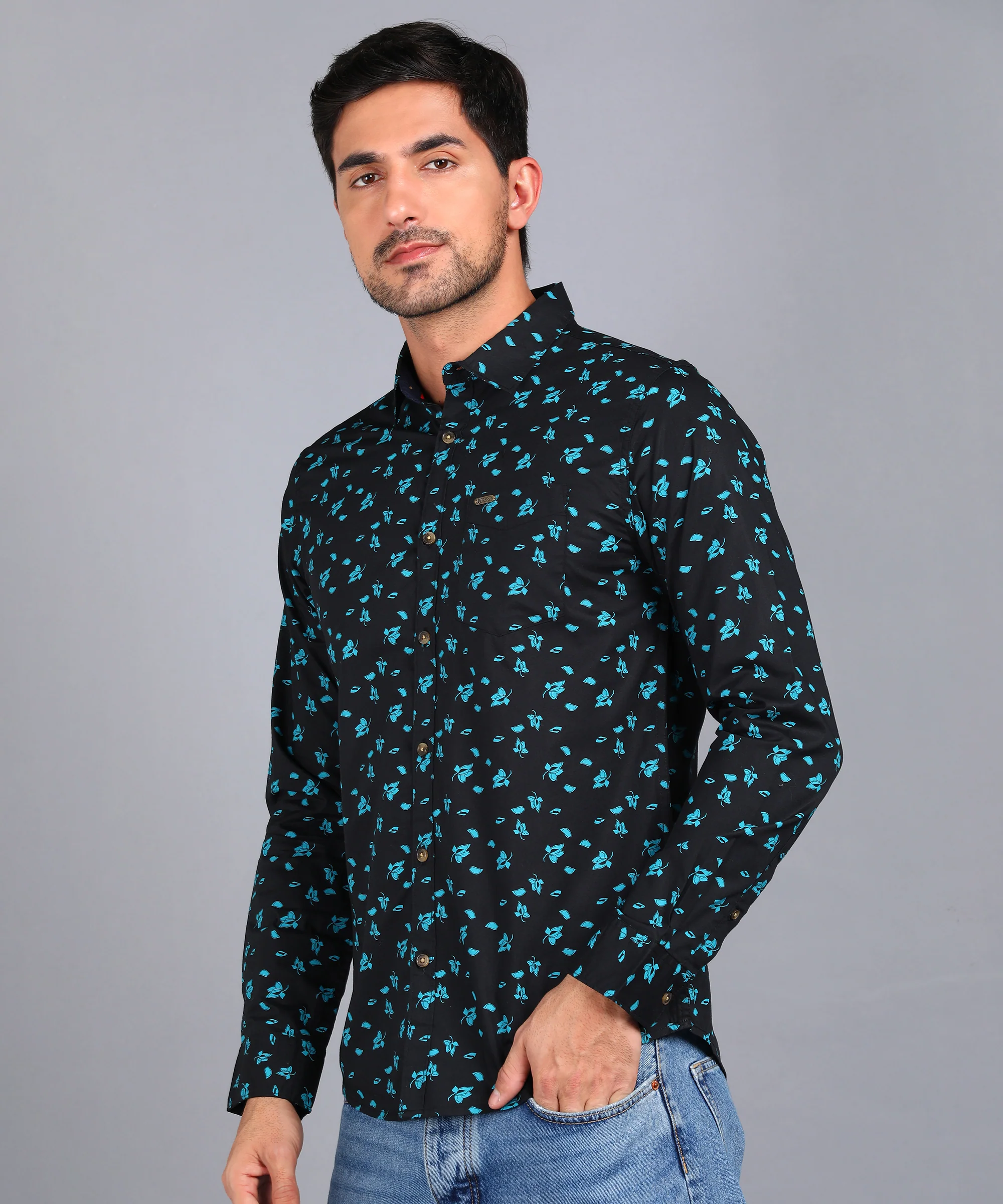 Men's Navy Cotton Full Sleeve Slim Fit Casual Printed Shirt - Image 3