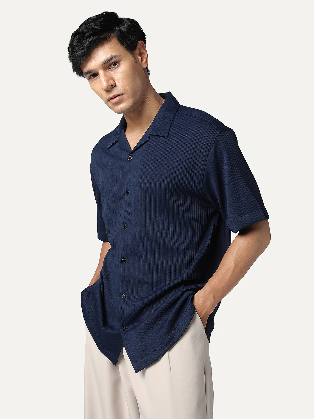Men's Navy Cotton Half Sleeve Oversized Fit Textured Shirt with Cuban Collar - Image 2