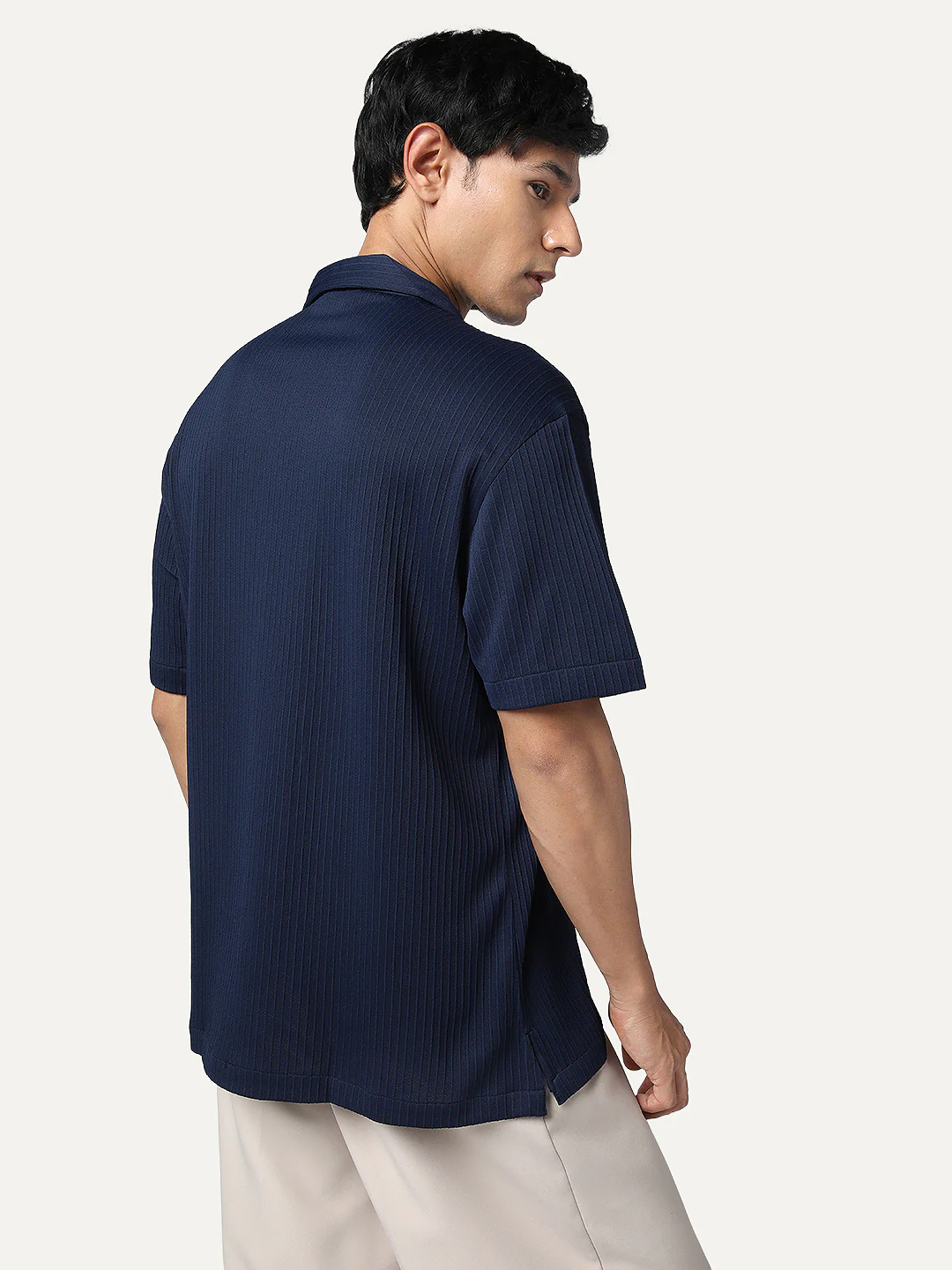 Men's Navy Cotton Half Sleeve Oversized Fit Textured Shirt with Cuban Collar - Image 3
