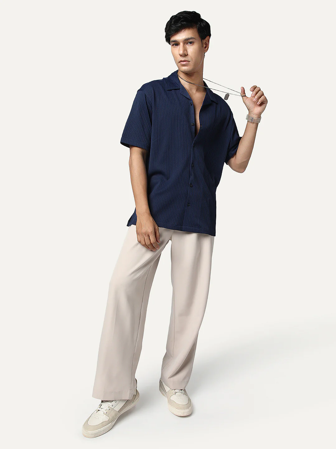Men's Navy Cotton Half Sleeve Oversized Fit Textured Shirt with Cuban Collar - Image 4