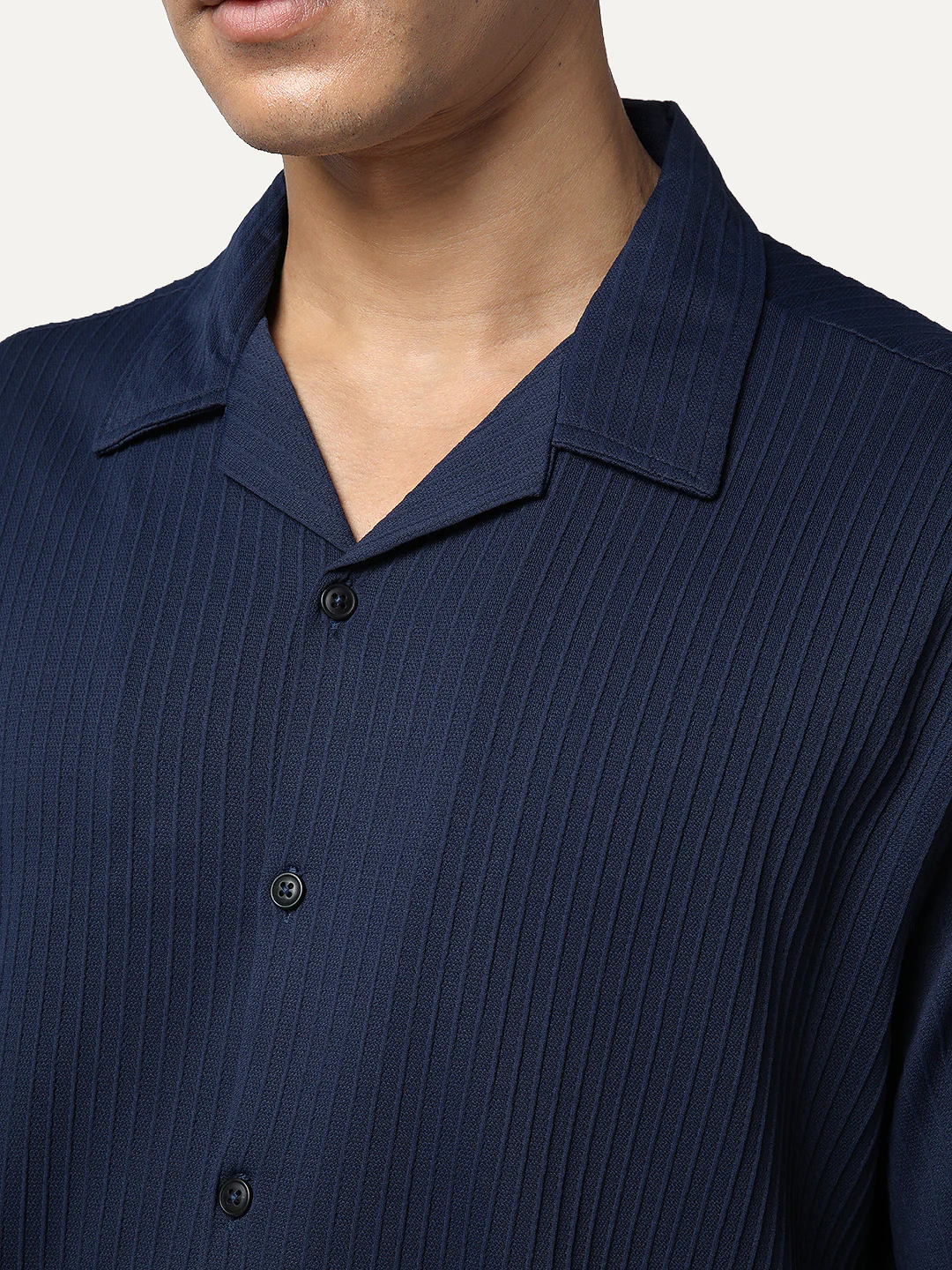Men's Navy Cotton Half Sleeve Oversized Fit Textured Shirt with Cuban Collar - Image 5