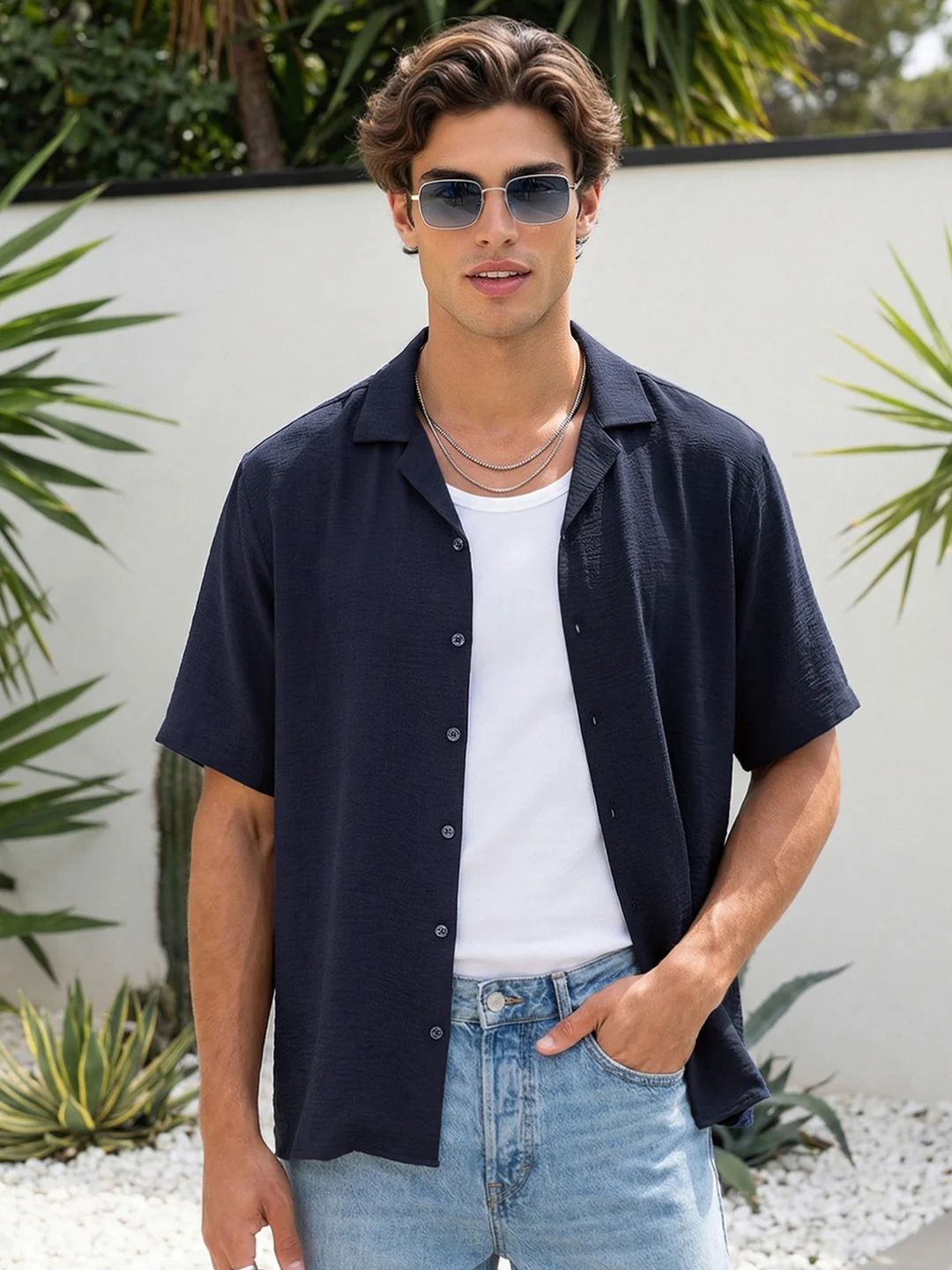 Men's Navy Cotton Half Sleeve Relaxed Fit Textured Shirt with Cuban Collar