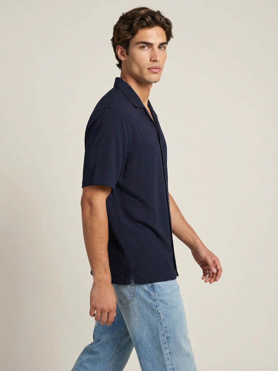 Men's Navy Cotton Half Sleeve Relaxed Fit Textured Shirt with Cuban Collar - Image 2