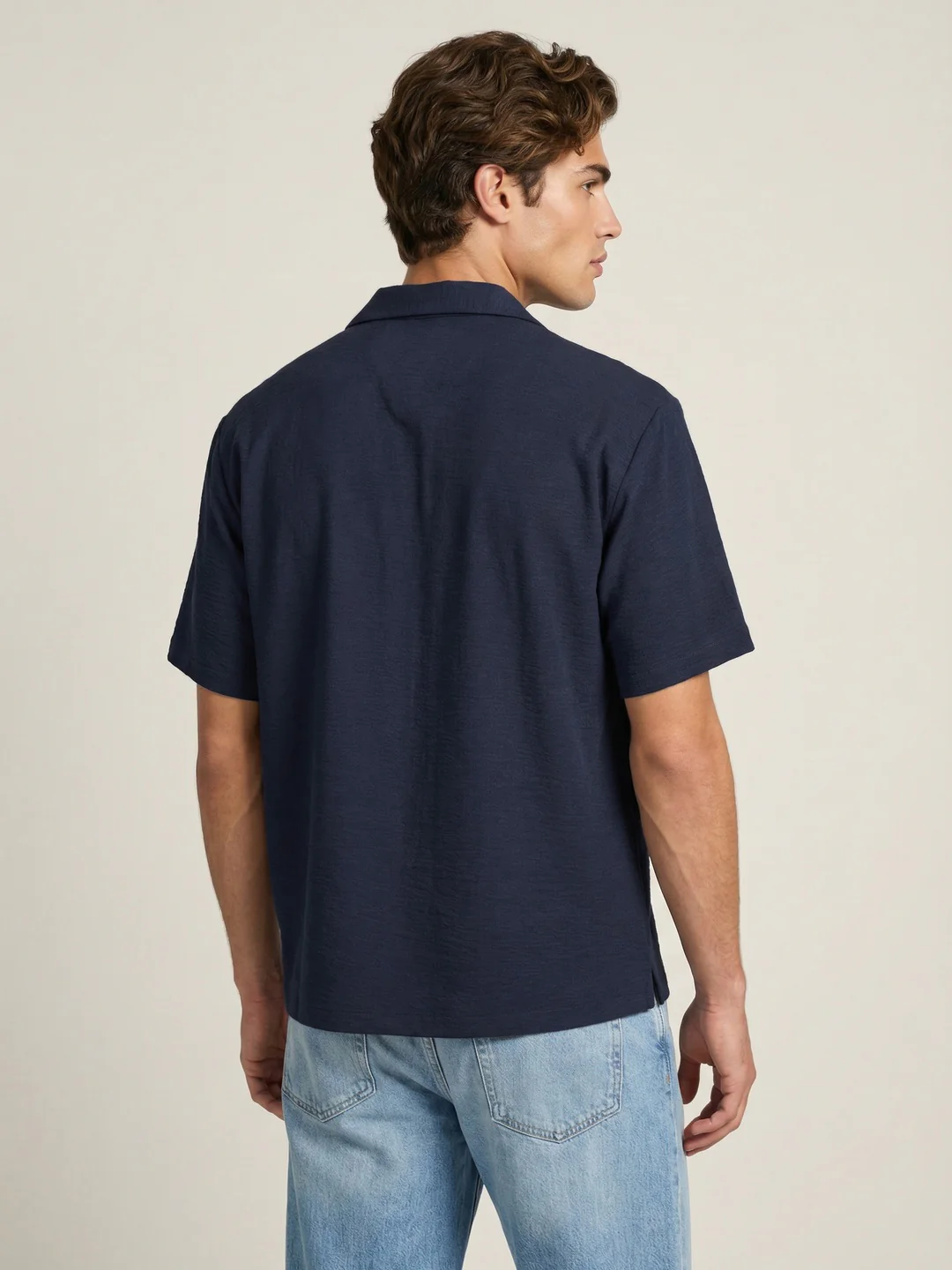 Men's Navy Cotton Half Sleeve Relaxed Fit Textured Shirt with Cuban Collar - Image 3