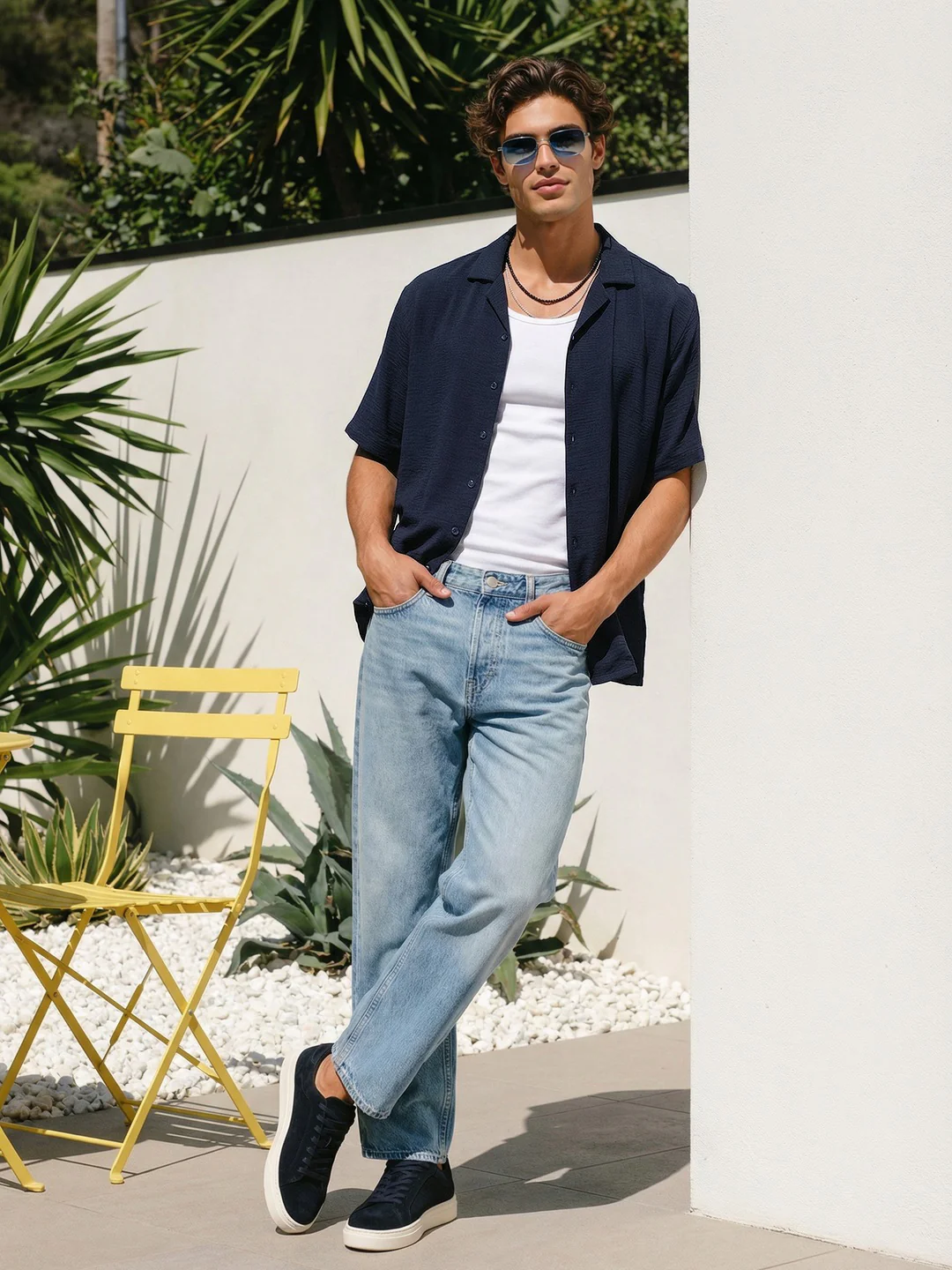 Men's Navy Cotton Half Sleeve Relaxed Fit Textured Shirt with Cuban Collar - Image 4