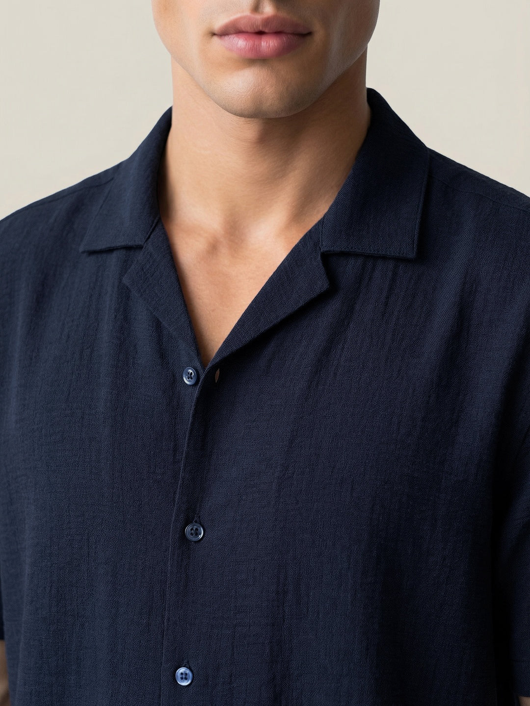 Men's Navy Cotton Half Sleeve Relaxed Fit Textured Shirt with Cuban Collar - Image 5