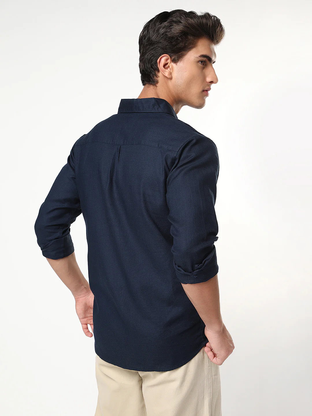 Men's Navy Linen Blend Full Sleeve Relaxed Fit Casual Solid Shirt - Image 3