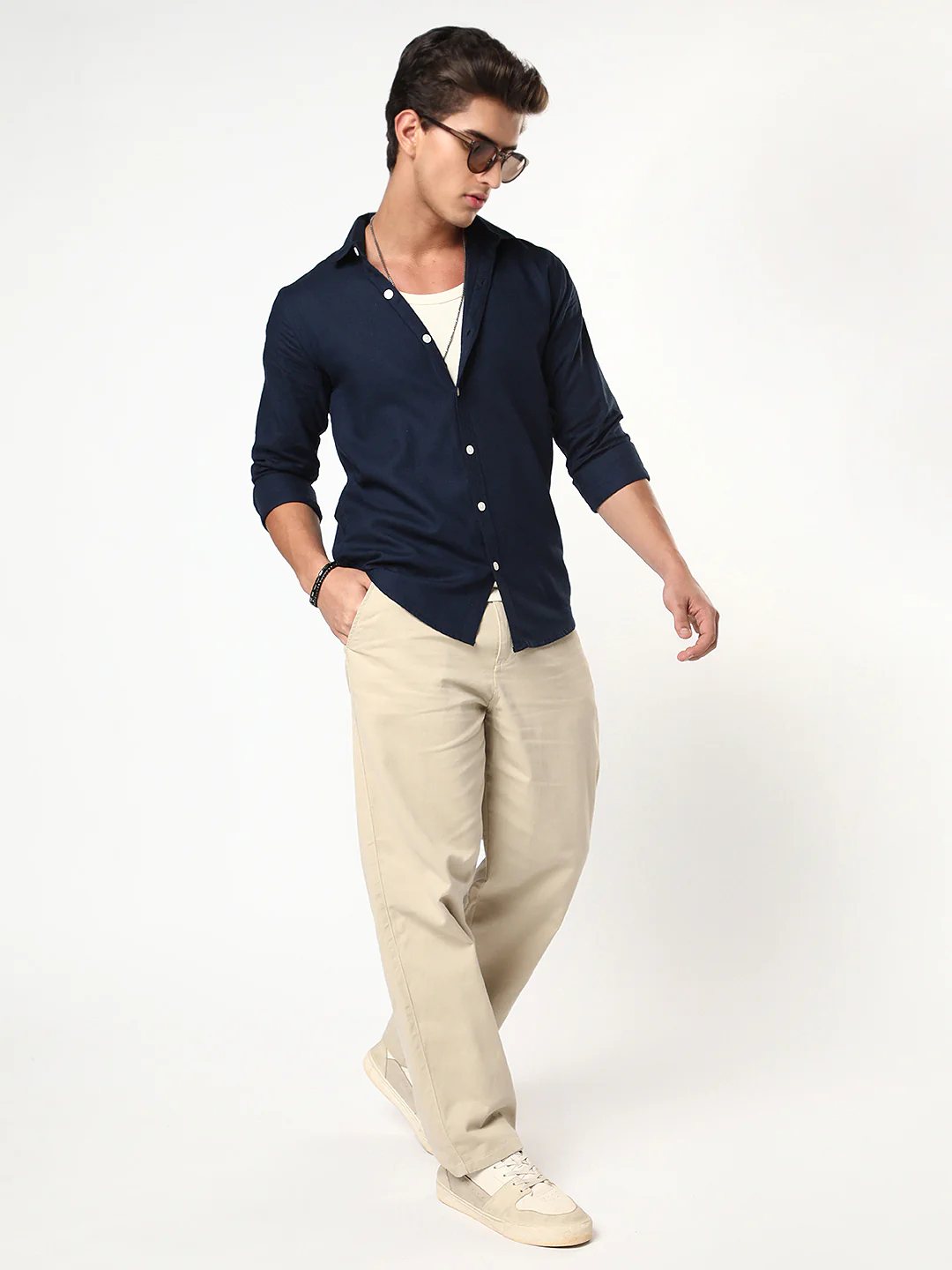 Men's Navy Linen Blend Full Sleeve Relaxed Fit Casual Solid Shirt - Image 4