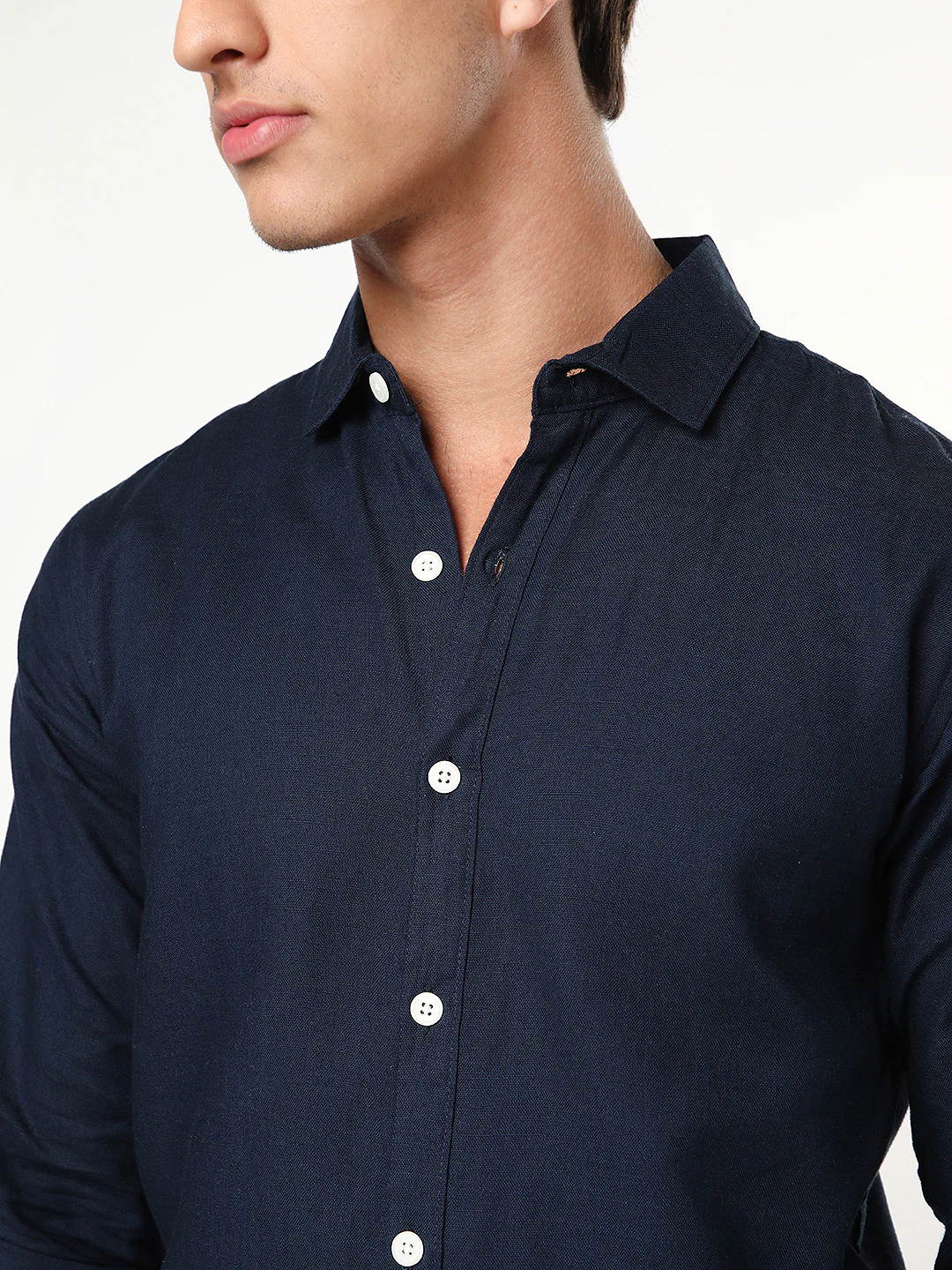 Men's Navy Linen Blend Full Sleeve Relaxed Fit Casual Solid Shirt - Image 5