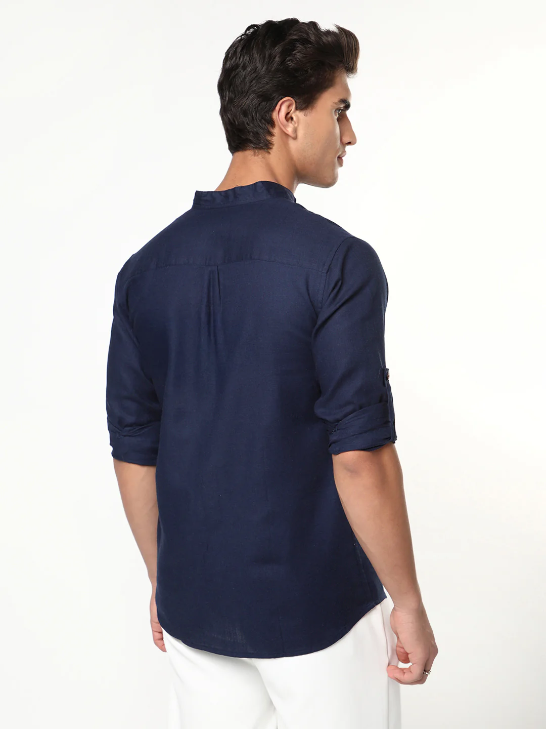 Men's Navy Linen Blend Full Sleeve Relaxed Fit Mandarin Collar Casual Solid Shirt - Image 3