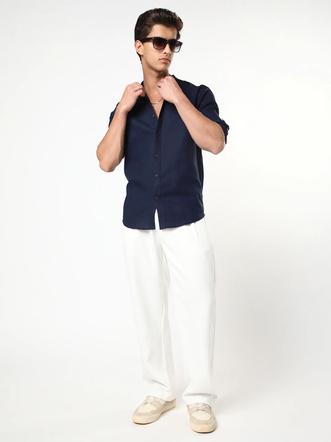 Men's Navy Linen Blend Full Sleeve Relaxed Fit Mandarin Collar Casual Solid Shirt - Image 4