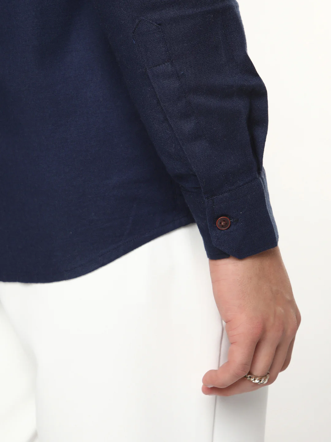 Men's Navy Linen Blend Full Sleeve Relaxed Fit Mandarin Collar Casual Solid Shirt - Image 5