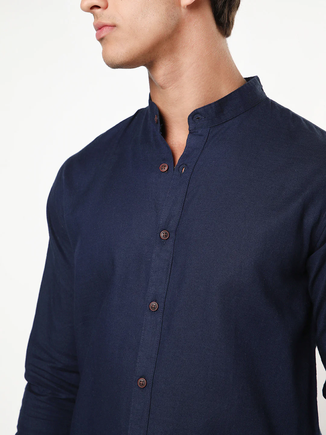 Men's Navy Linen Blend Full Sleeve Relaxed Fit Mandarin Collar Casual Solid Shirt - Image 6