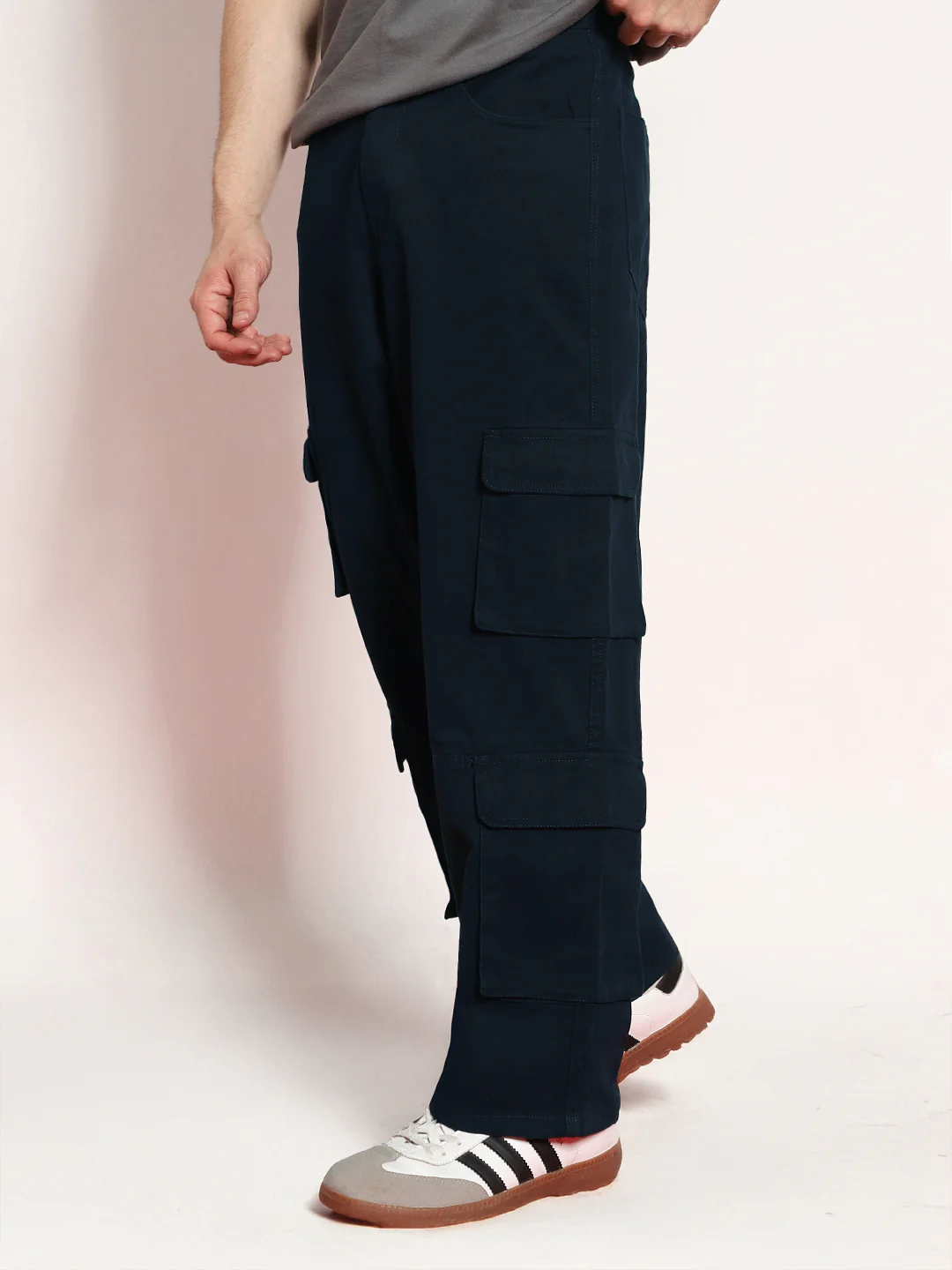 Men's Navy Loose Baggy Fit Cargo Chino Pant with 8 Pockets Stretchable - Image 2