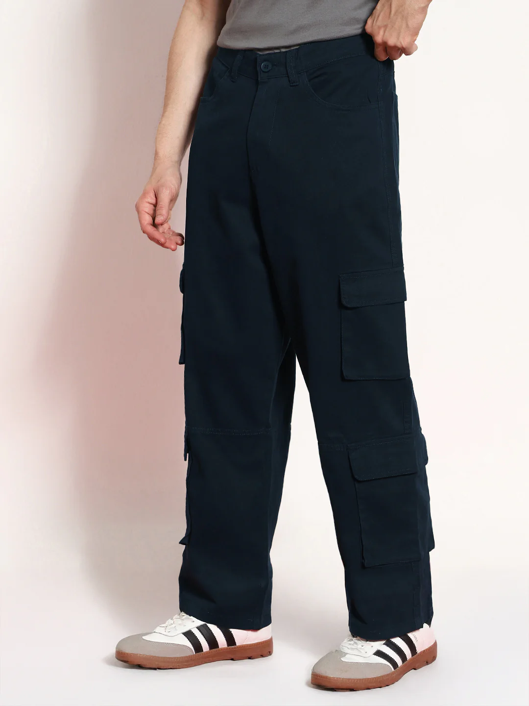 Men's Navy Loose Baggy Fit Cargo Chino Pant with 8 Pockets Stretchable - Image 3