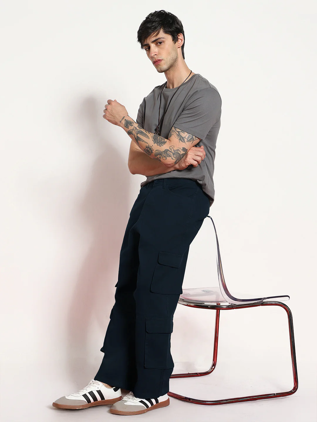 Men's Navy Loose Baggy Fit Cargo Chino Pant with 8 Pockets Stretchable - Image 5