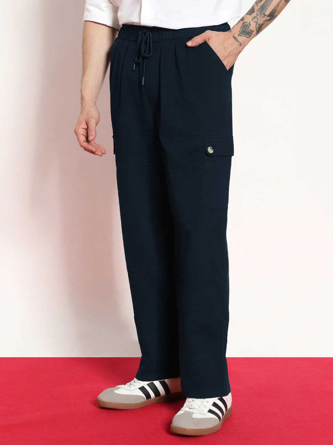 Men's Navy Loose Baggy Fit Cargo Jogger Chino Pant with 6 Pockets Stretchable - Image 2