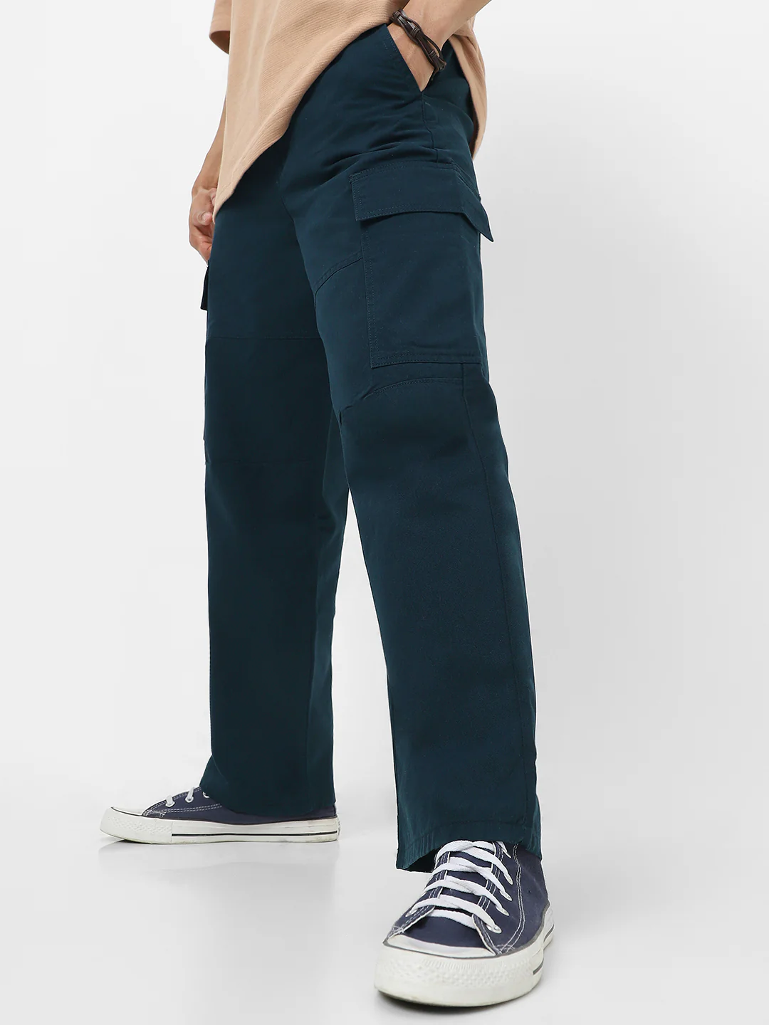 Men's Navy Loose Baggy Fit Solid Cargo Chino Pant with 6 Pockets Non-Stretchable - Image 2