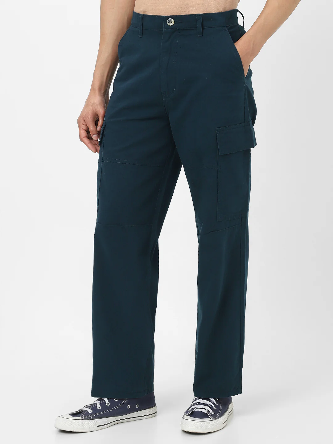 Men's Navy Loose Baggy Fit Solid Cargo Chino Pant with 6 Pockets Non-Stretchable - Image 3