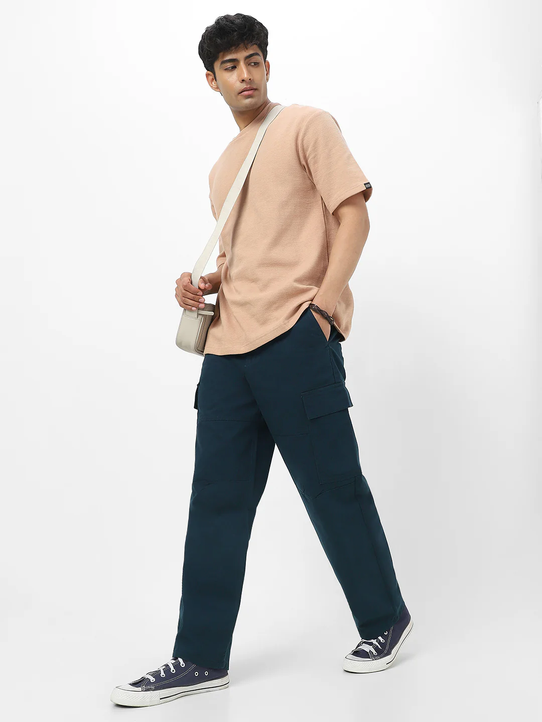 Men's Navy Loose Baggy Fit Solid Cargo Chino Pant with 6 Pockets Non-Stretchable - Image 5