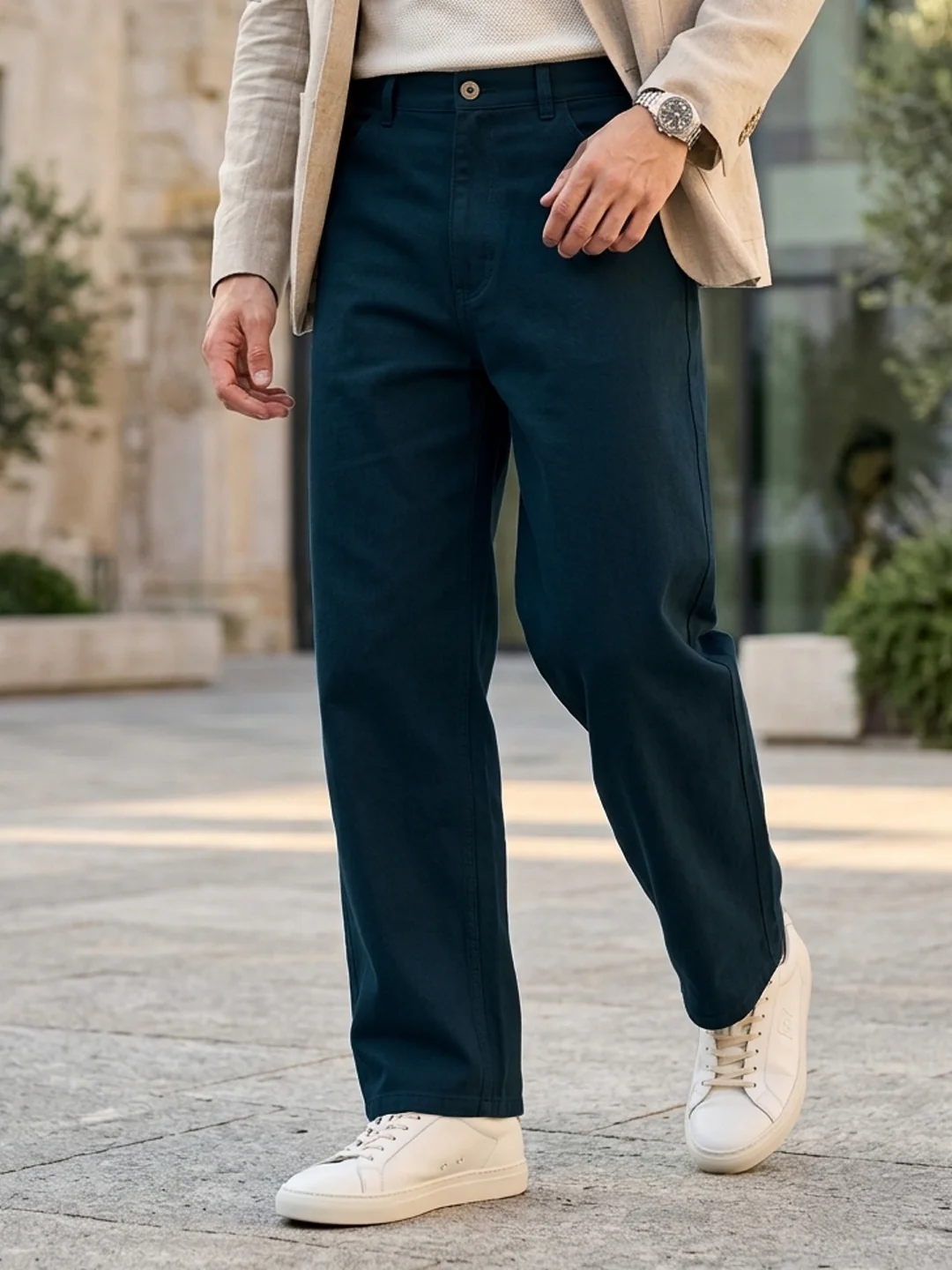 Men's Navy Loose Baggy Fit Solid Chino Trousers Non-Stretchable