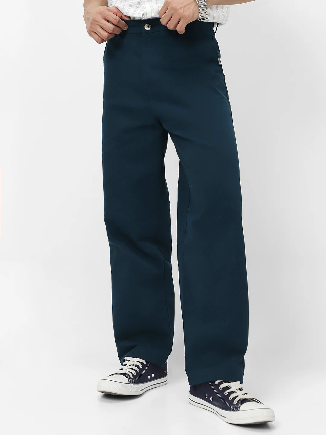 Men's Navy Loose Baggy Fit Solid Chino Trousers Non-Stretchable - Image 2