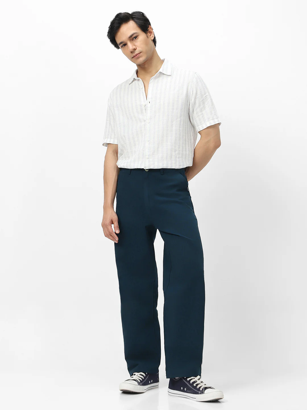 Men's Navy Loose Baggy Fit Solid Chino Trousers Non-Stretchable - Image 5