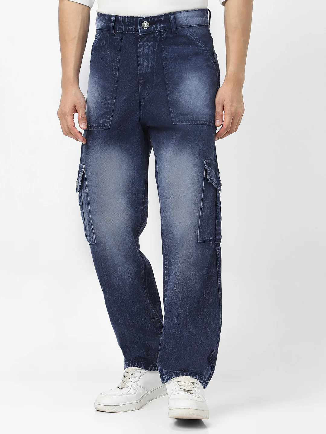 Men's Navy Loose Baggy Fit Washed Cargo Jeans with 6 Pockets Non-Stretchable - Image 2