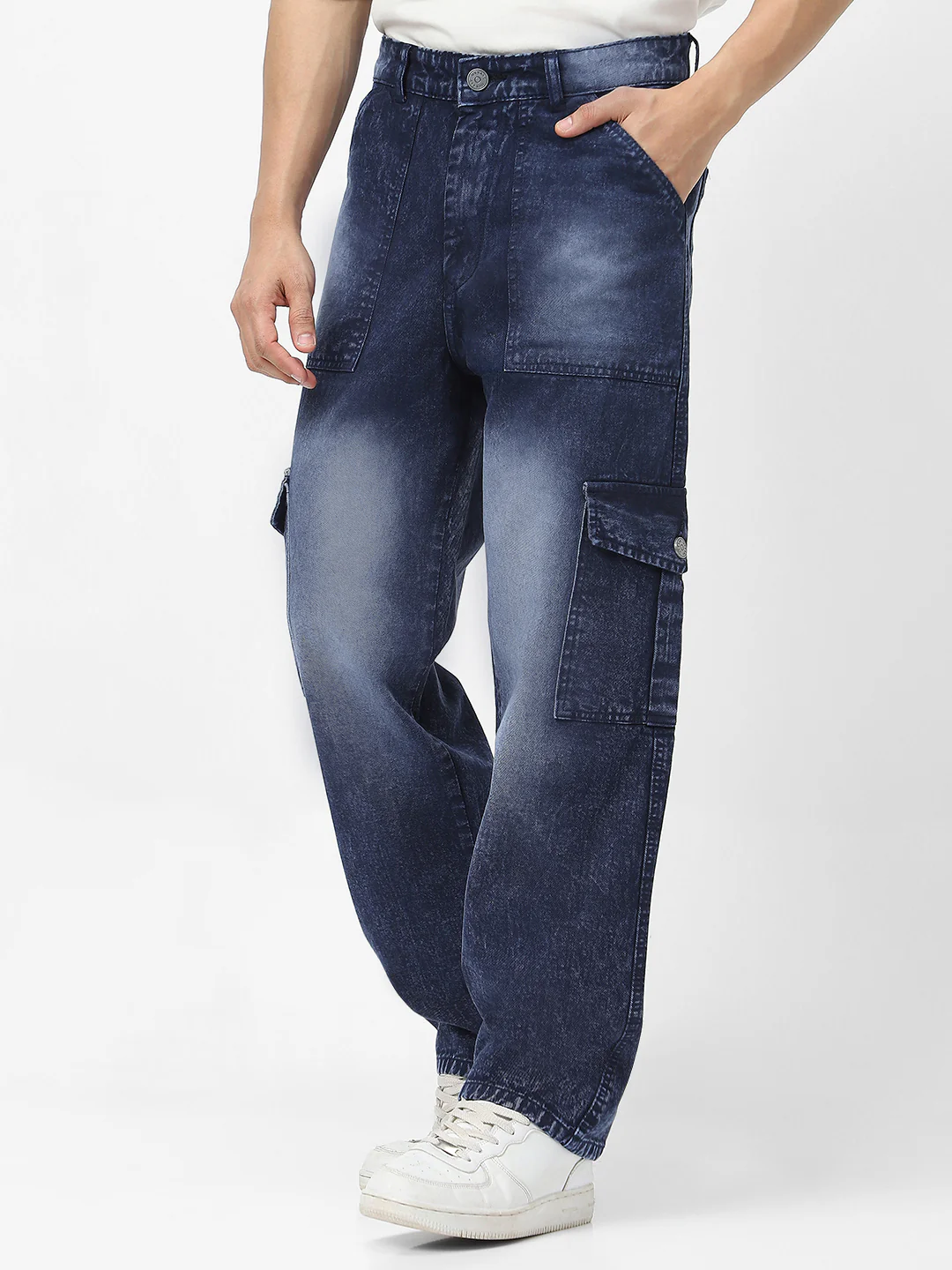 Men's Navy Loose Baggy Fit Washed Cargo Jeans with 6 Pockets Non-Stretchable - Image 3