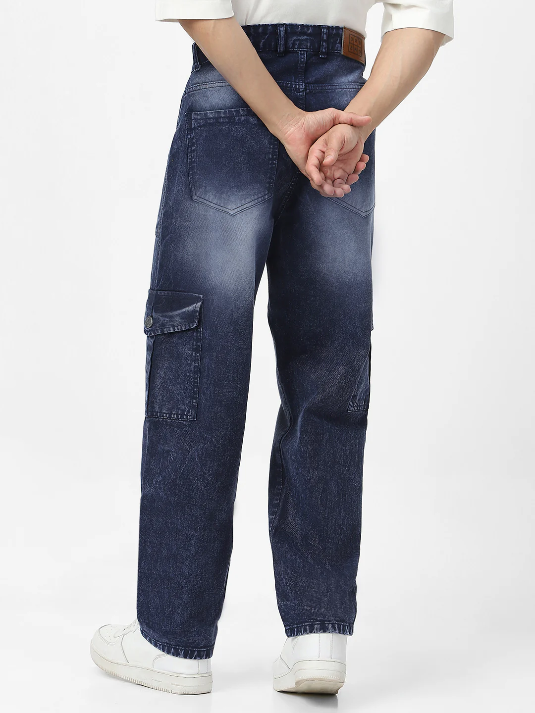 Men's Navy Loose Baggy Fit Washed Cargo Jeans with 6 Pockets Non-Stretchable - Image 4
