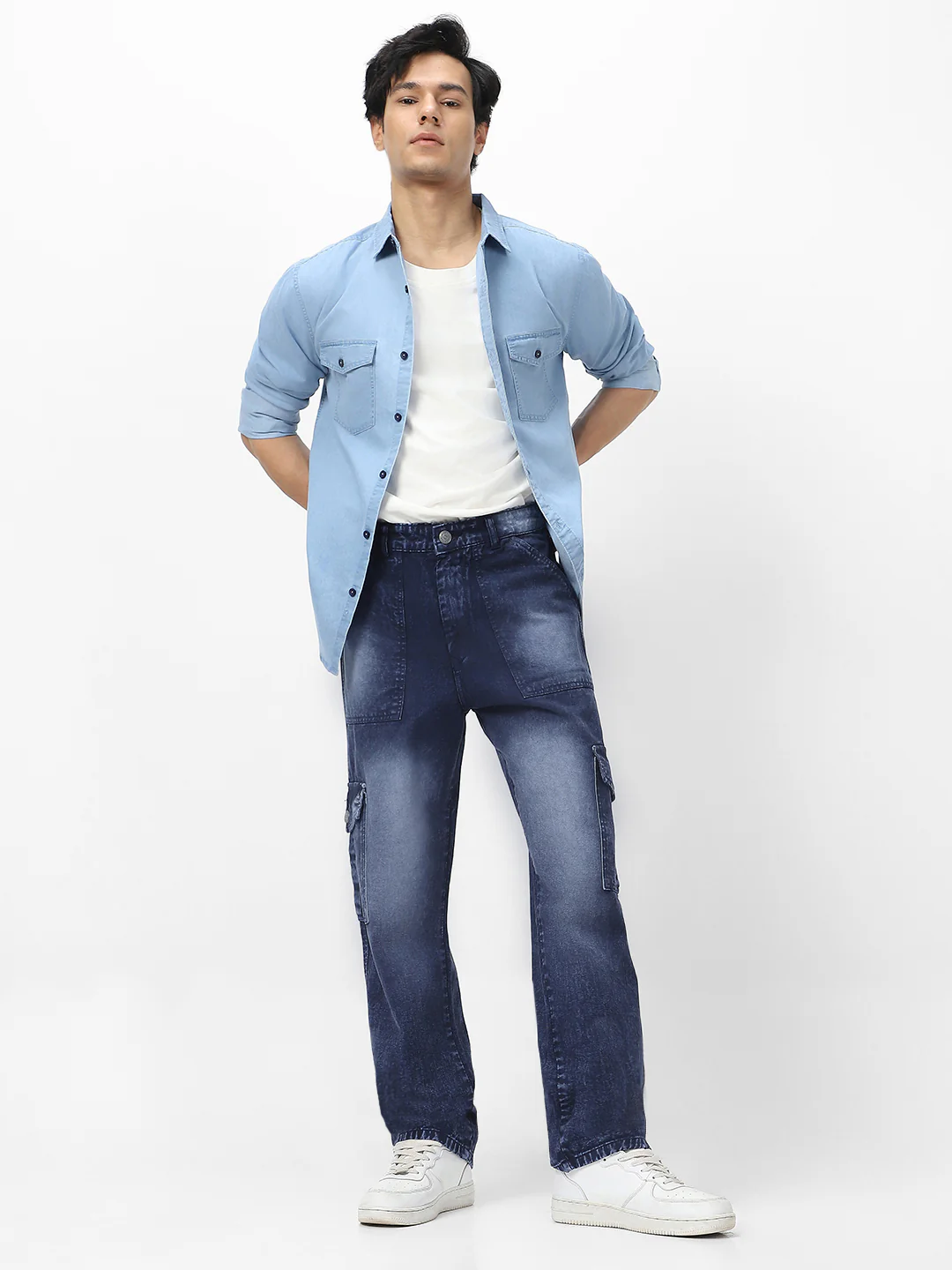 Men's Navy Loose Baggy Fit Washed Cargo Jeans with 6 Pockets Non-Stretchable - Image 5