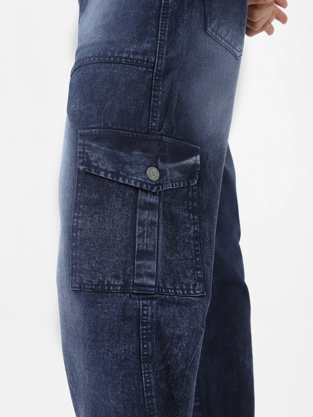 Men's Navy Loose Baggy Fit Washed Cargo Jeans with 6 Pockets Non-Stretchable - Image 6