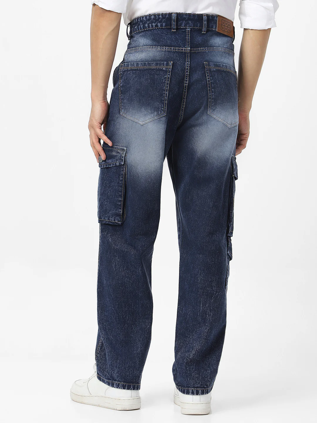 Men's Navy Loose Baggy Fit Washed Cargo Jeans with 7 Pockets Non-Stretchable - Image 3