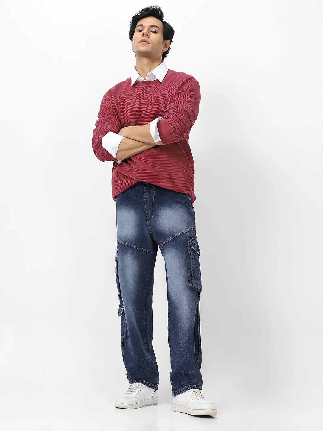Men's Navy Loose Baggy Fit Washed Cargo Jeans with 7 Pockets Non-Stretchable - Image 4