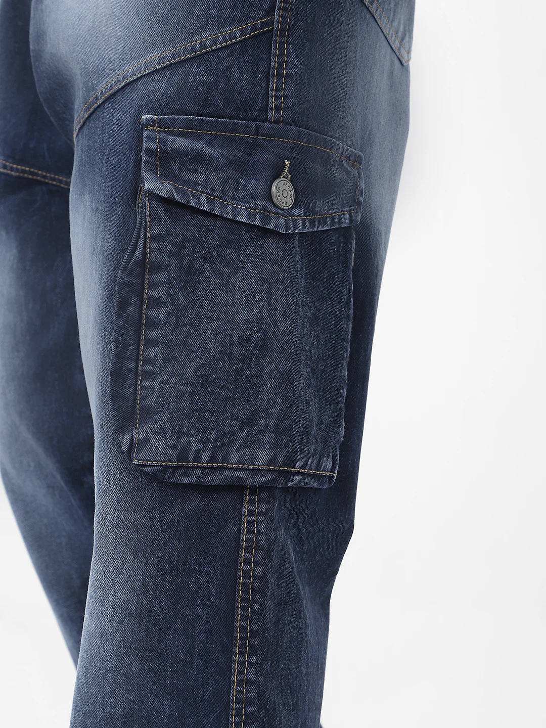 Men's Navy Loose Baggy Fit Washed Cargo Jeans with 7 Pockets Non-Stretchable - Image 5