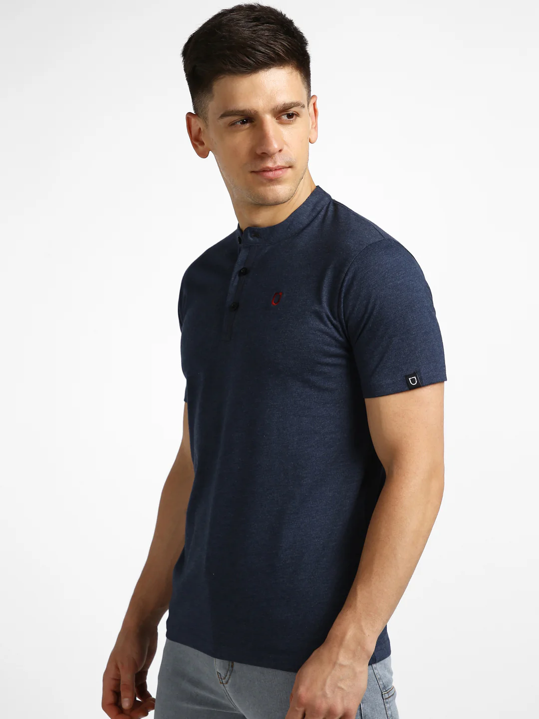 Men's Navy Melange Solid Mandarin Collar Slim Fit Half Sleeve Cotton T-Shirt - Image 3