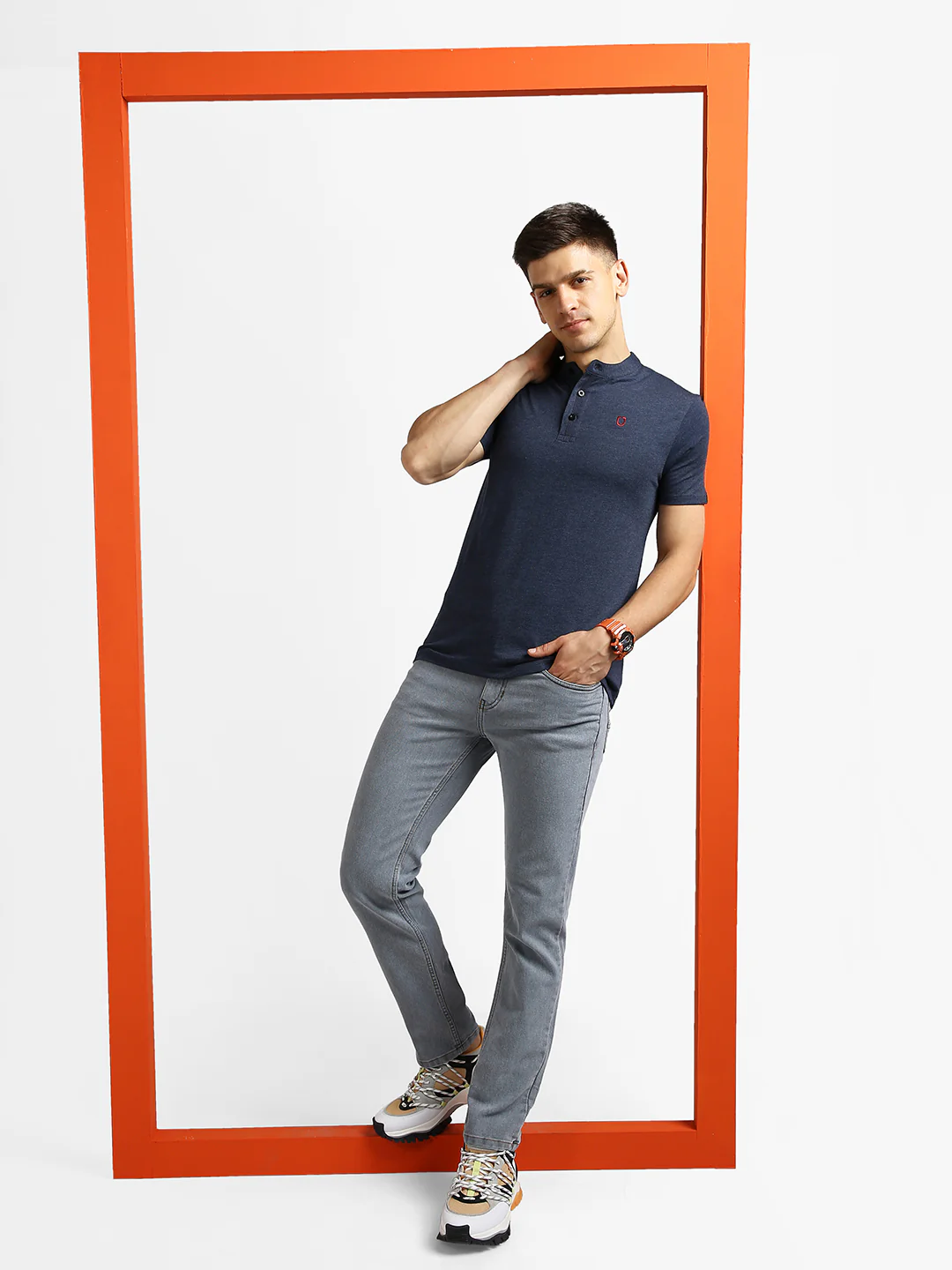 Men's Navy Melange Solid Mandarin Collar Slim Fit Half Sleeve Cotton T-Shirt - Image 5