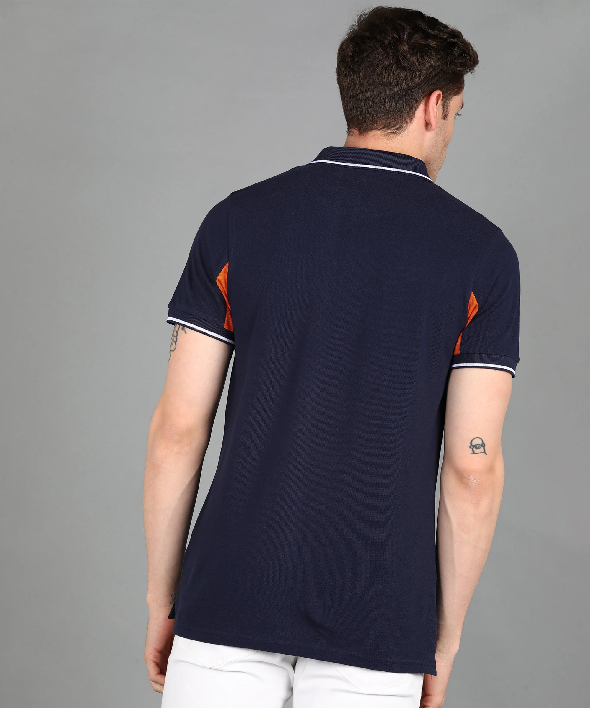 Men's Navy, Orange Colour-Block Slim Fit Half Sleeve Cotton Polo T-Shirt - Image 3