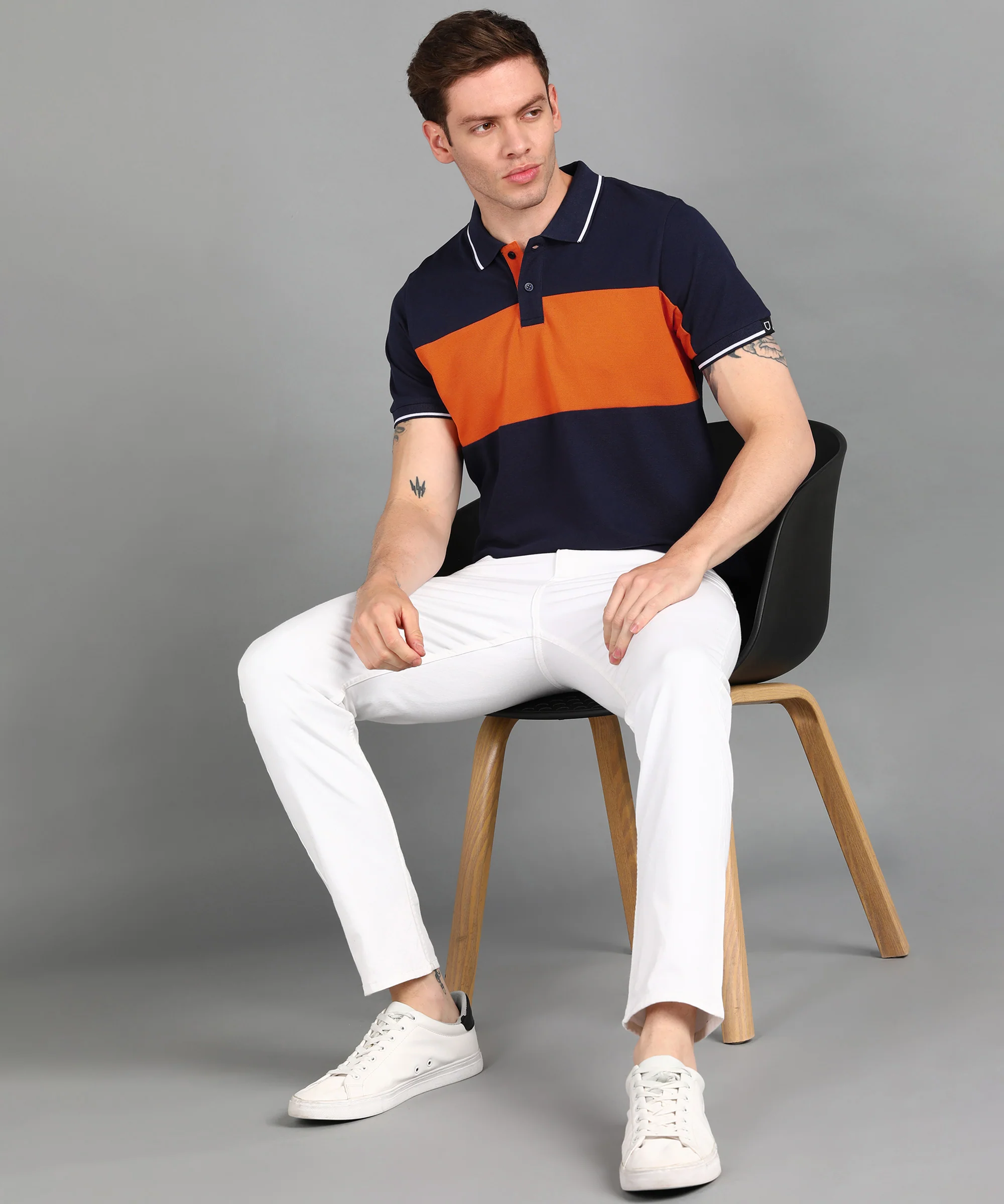 Men's Navy, Orange Colour-Block Slim Fit Half Sleeve Cotton Polo T-Shirt - Image 4