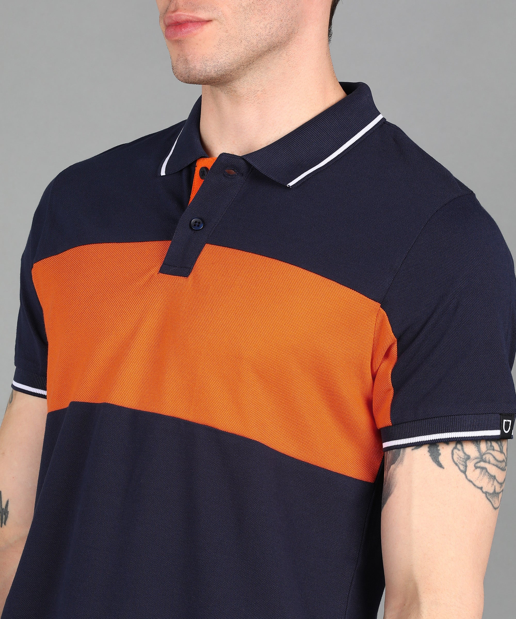 Men's Navy, Orange Colour-Block Slim Fit Half Sleeve Cotton Polo T-Shirt - Image 5