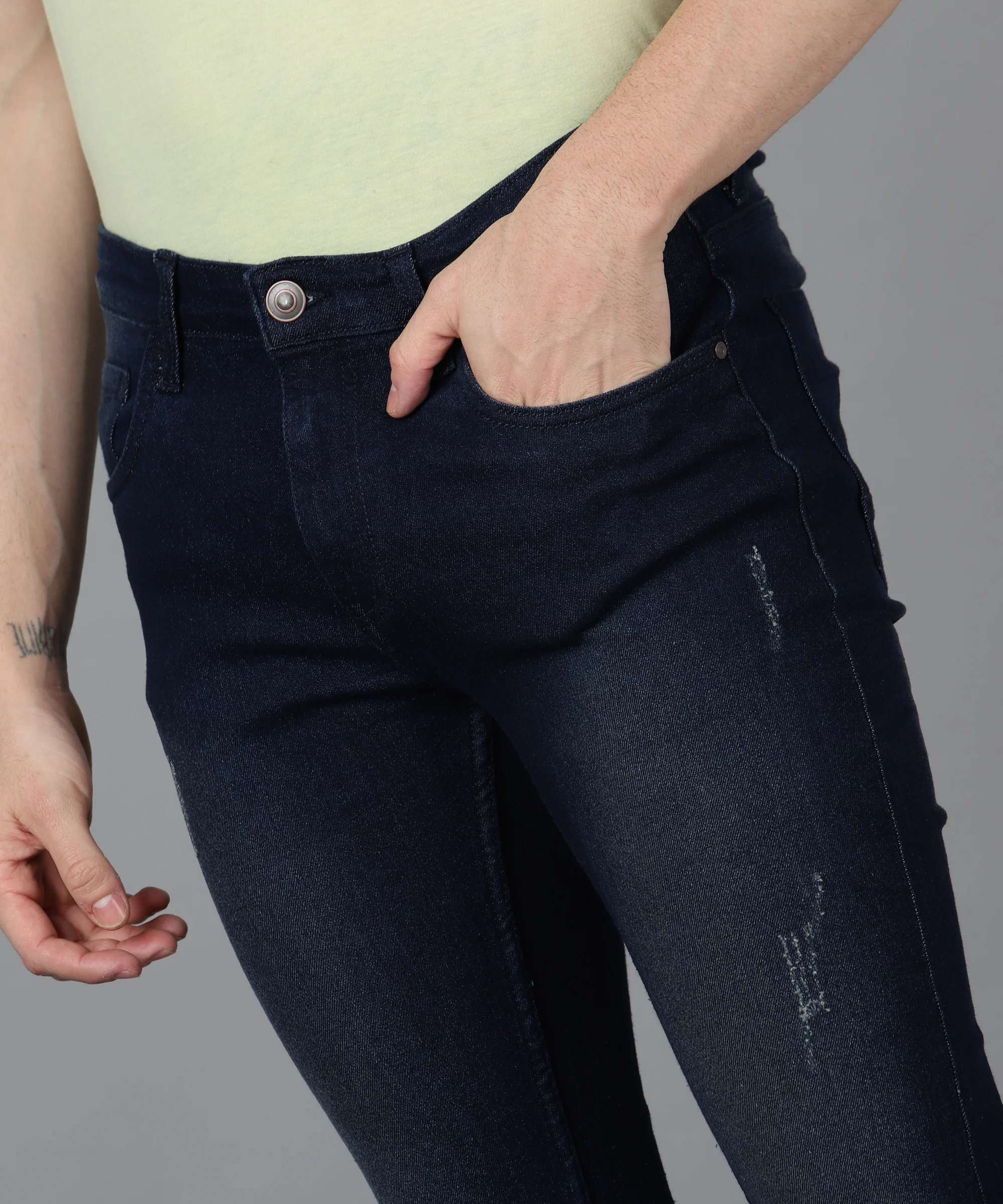 Men's Navy Regular Fit Mild Distressed/Torn Jeans Stretchable - Image 2