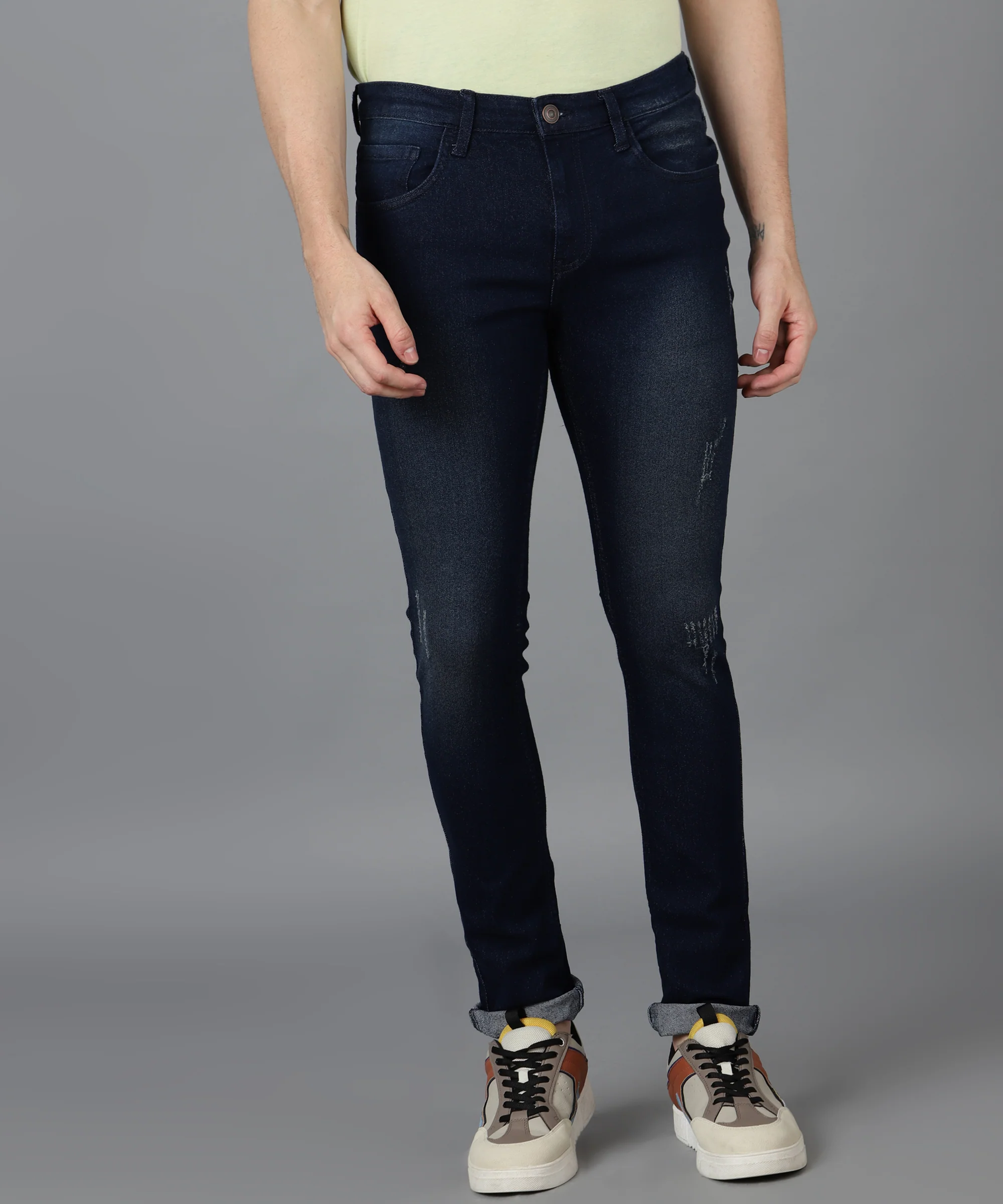 Men's Navy Regular Fit Mild Distressed/Torn Jeans Stretchable - Image 3