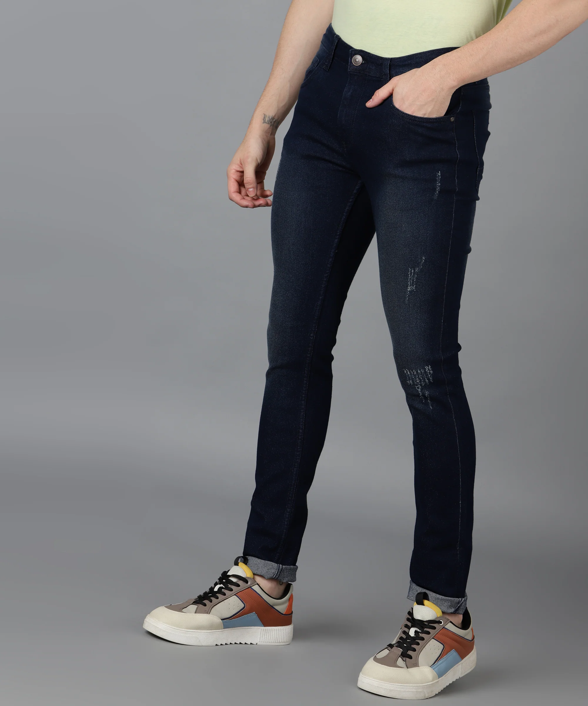 Men's Navy Regular Fit Mild Distressed/Torn Jeans Stretchable - Image 4