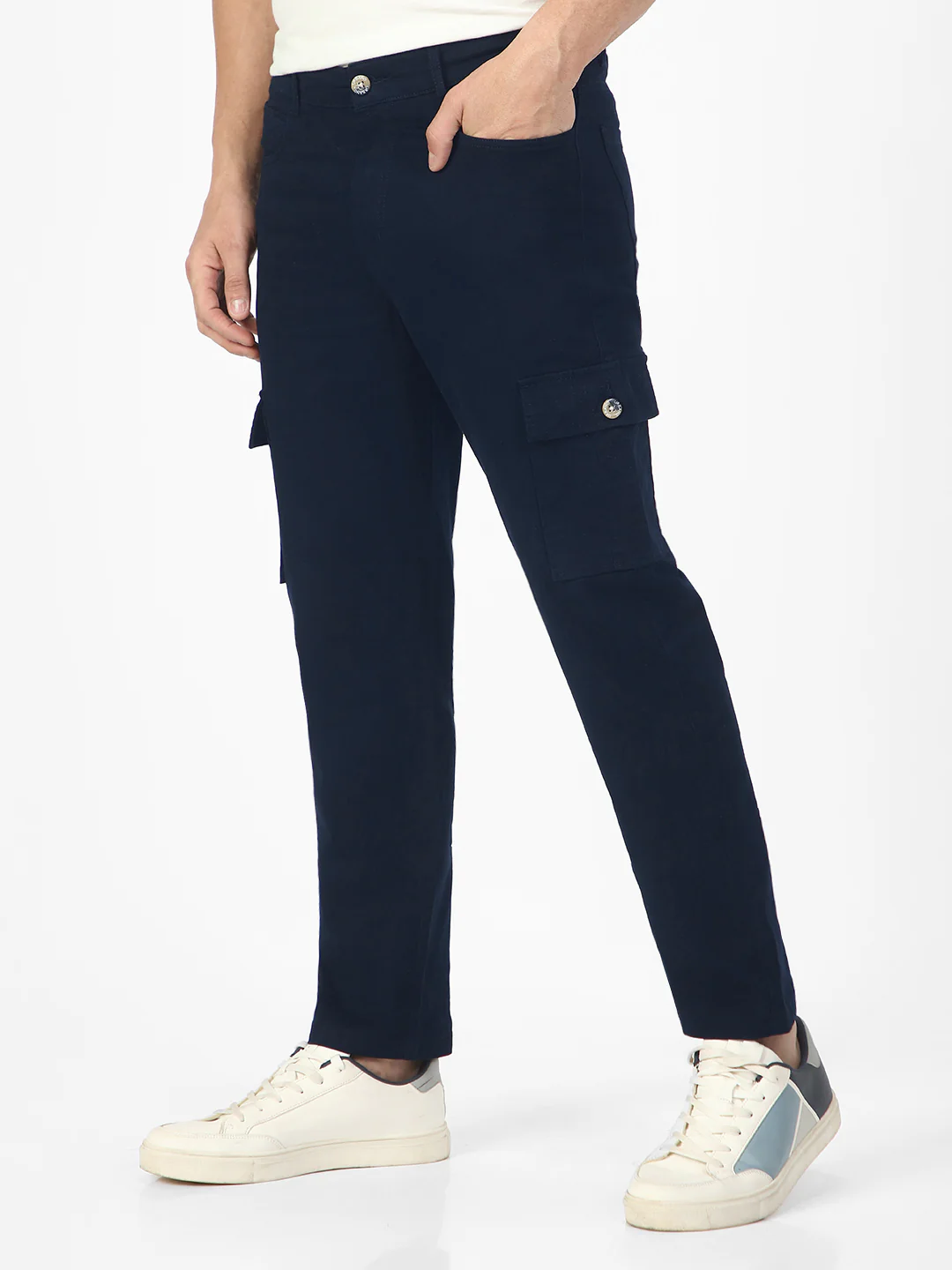 Men's Navy Regular Fit Solid Cargo Chino Pant with 6 Pockets Stretchable - Image 2