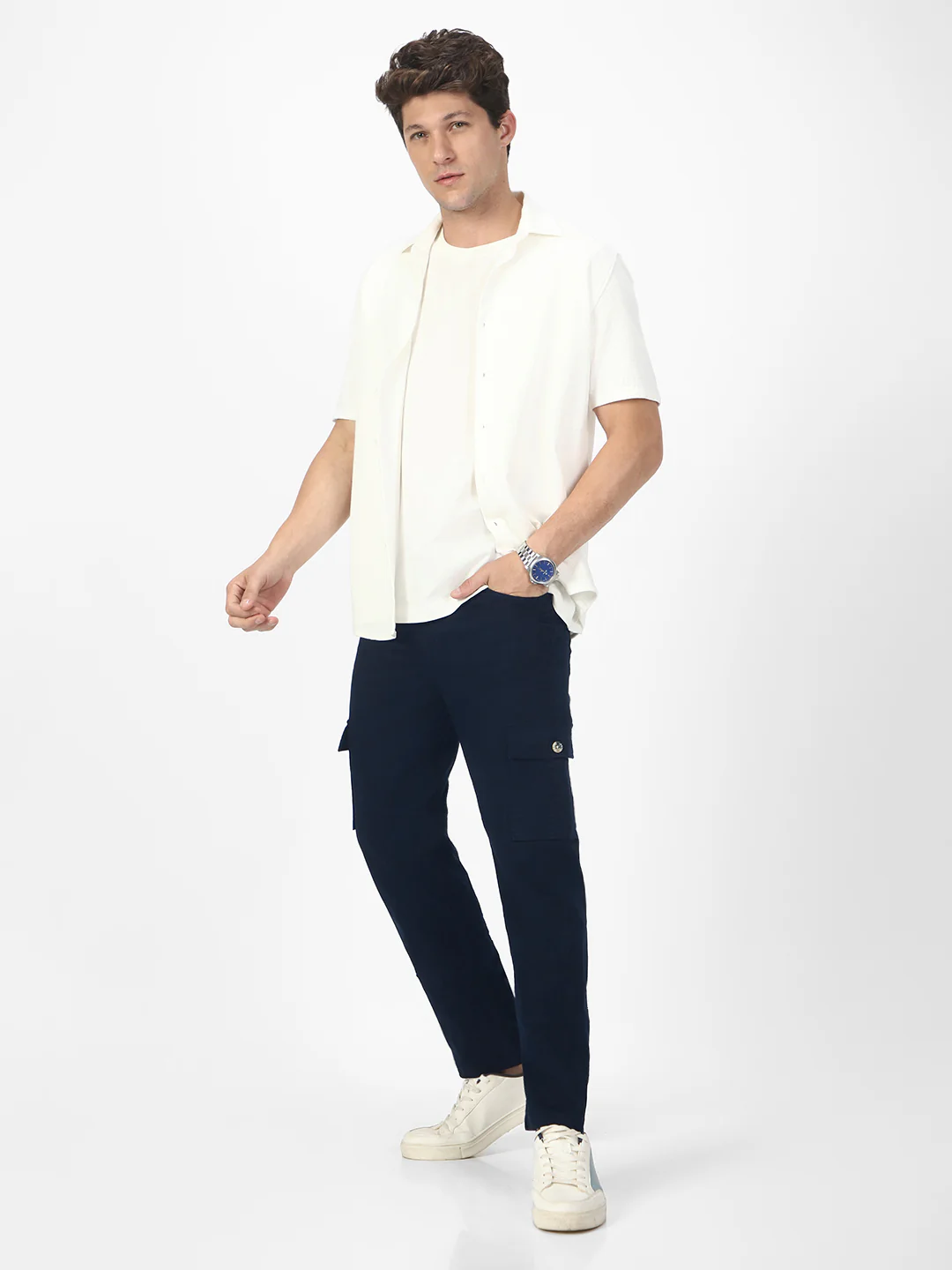 Men's Navy Regular Fit Solid Cargo Chino Pant with 6 Pockets Stretchable - Image 4
