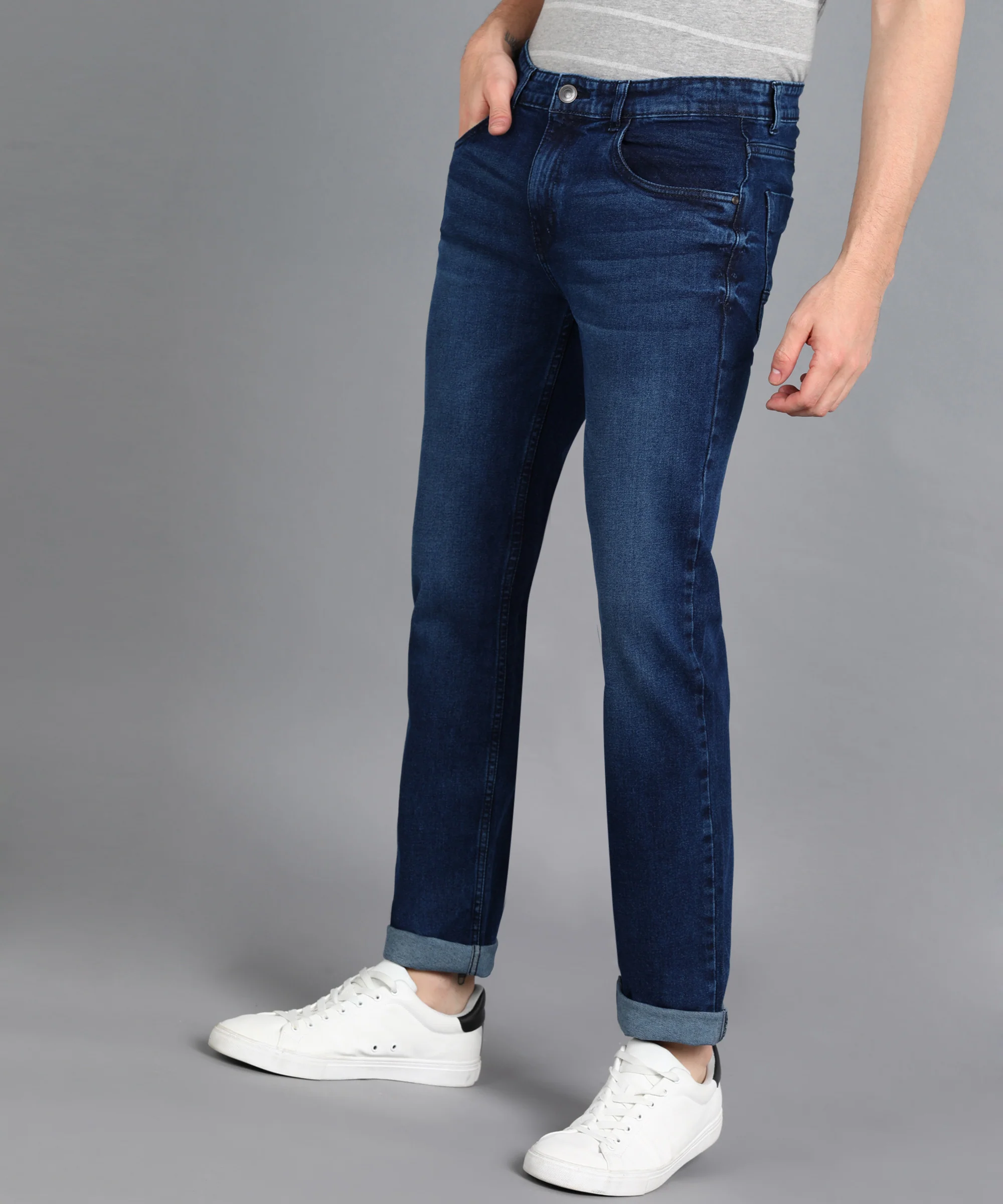 Men's Navy Regular Fit Washed Jeans Stretchable - Image 2