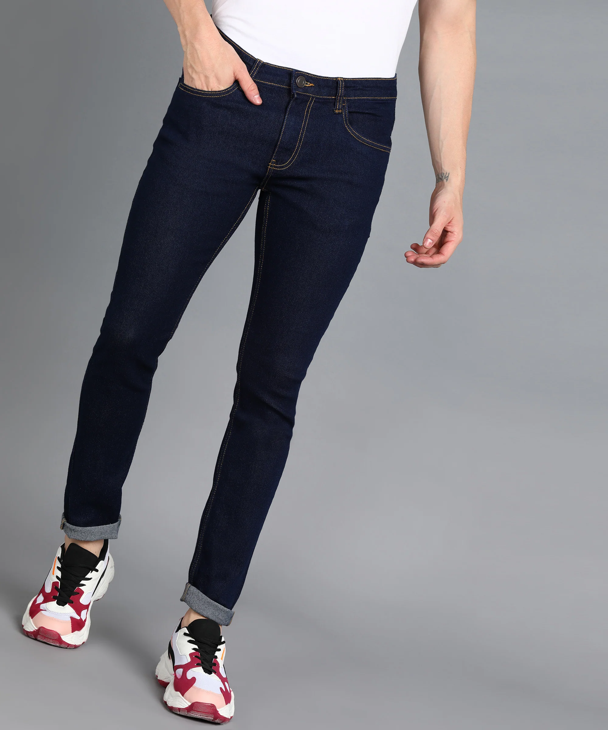 Men's Navy Regular Fit Washed Jeans Stretchable - Image 2