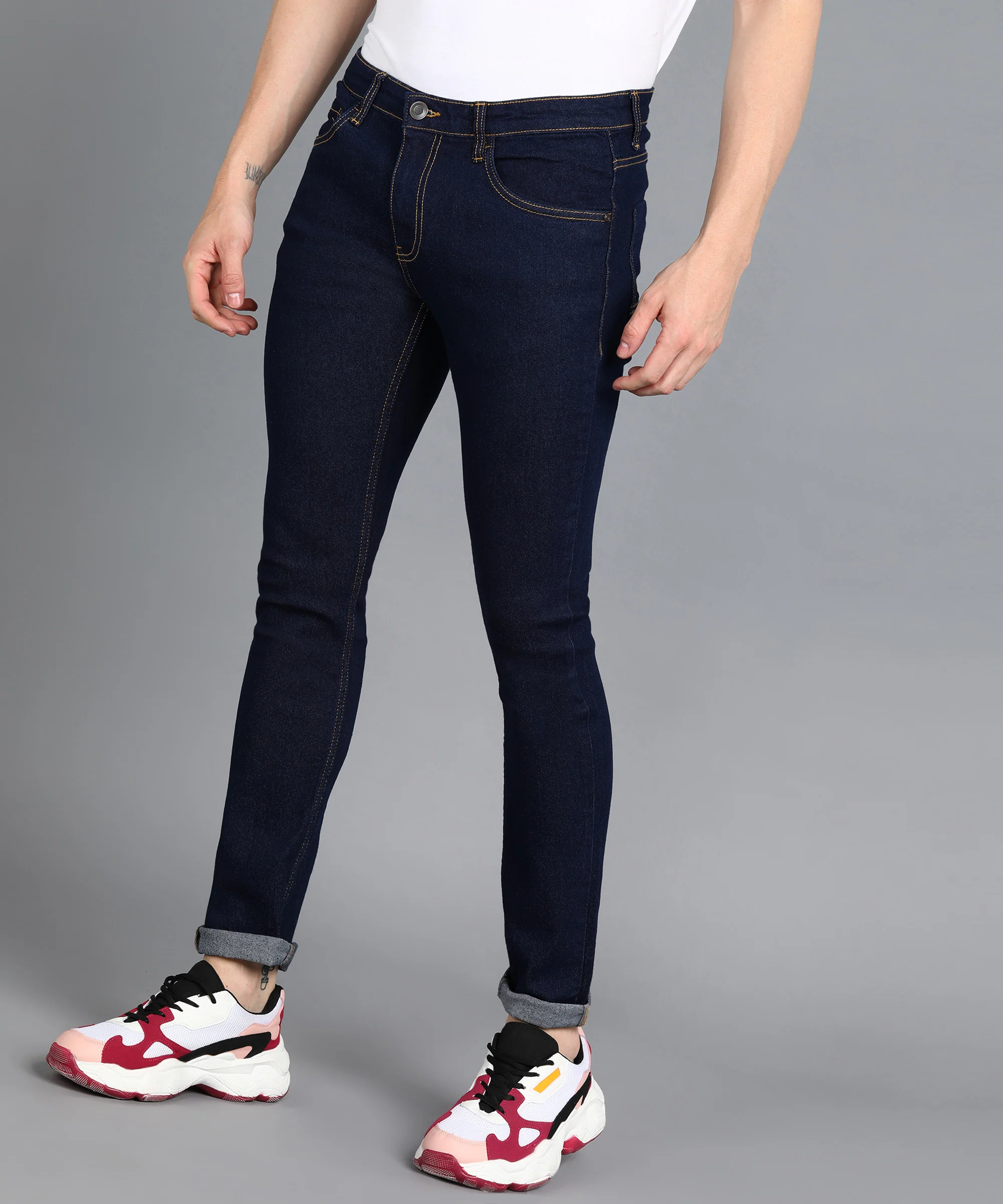 Men's Navy Regular Fit Washed Jeans Stretchable - Image 3