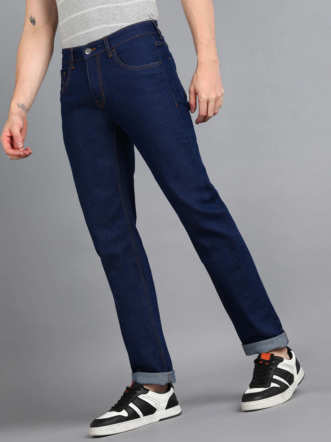 Men's Navy Regular Fit Washed Jeans Stretchable - Image 2